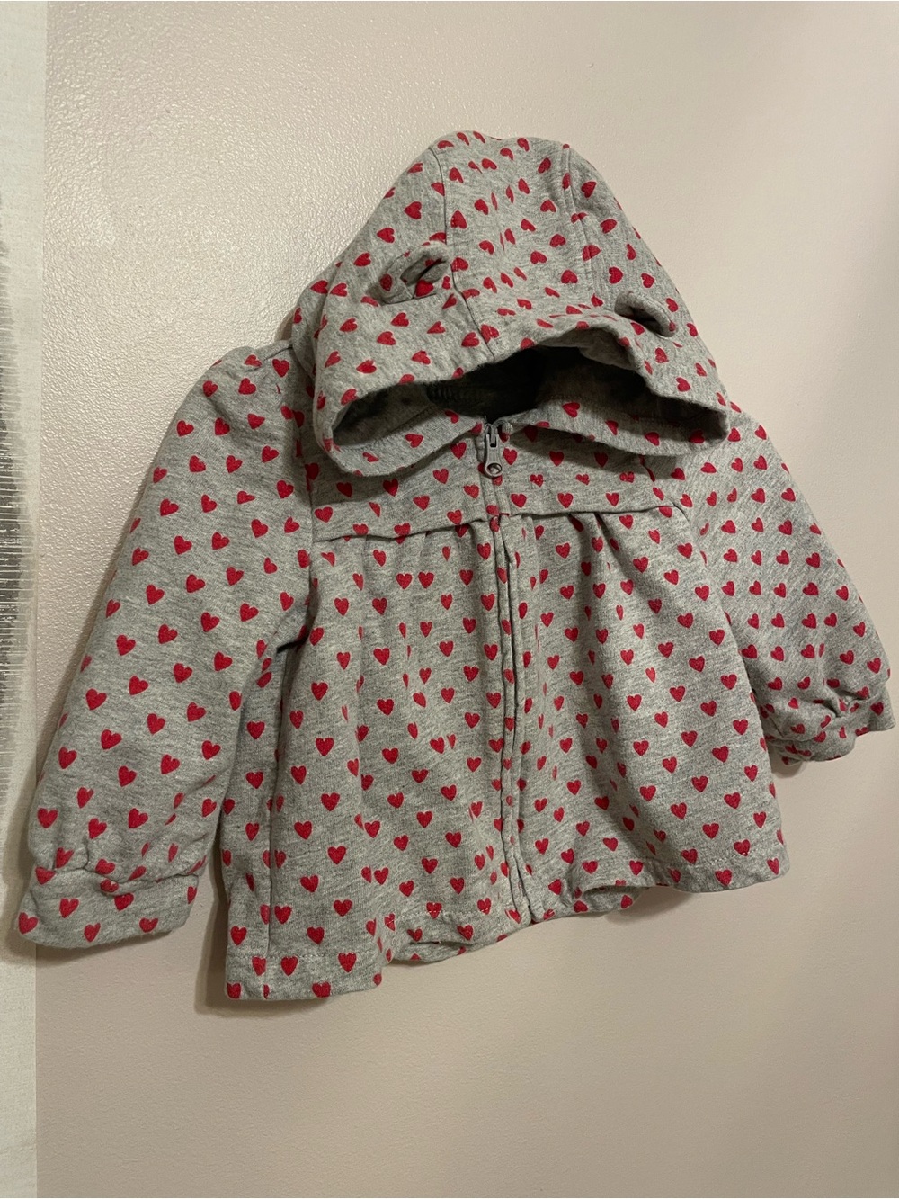 baby GAP Gray Bear Ear Hoodie Jacket with Red Heart Print